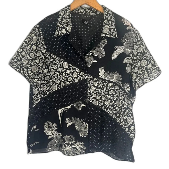 Virgo Mixed Print Colorblock Collared Short Sleeve Semi Sheer Blouse Sz 14 - Picture 1 of 9